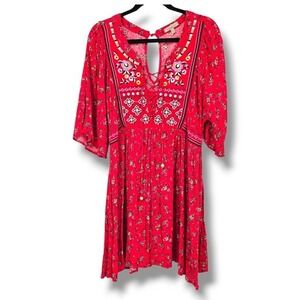 Wonderly Floral Embroidered Peasant Dress Flare Sleeve Bohemian Mini Red‎ Size S
